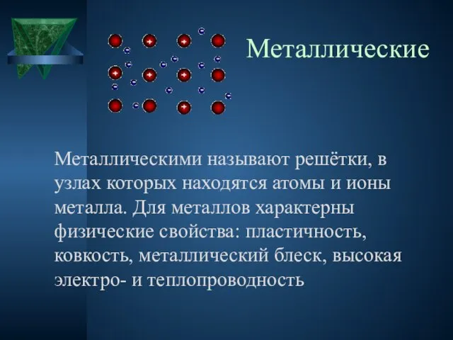 Металлические Металлическими называют решётки, в узлах которых находятся атомы и ионы металла.