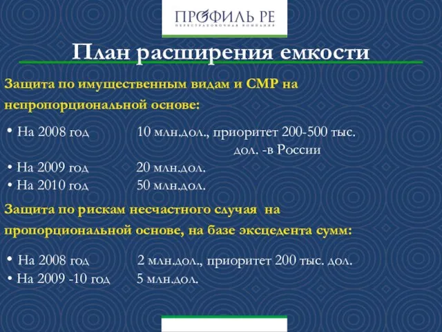 План расширения емкости Защита по имущественным видам и СМР на непропорциональной основе: