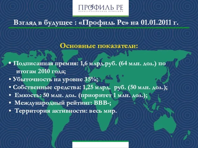 Взгляд в будущее : «Профиль Ре» на 01.01.2011 г. Основные показатели: Подписанная