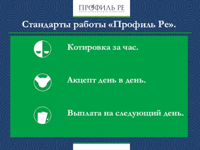 Стандарты работы «Профиль Ре». Котировка за час. Акцепт день в день. Выплата на следующий день.