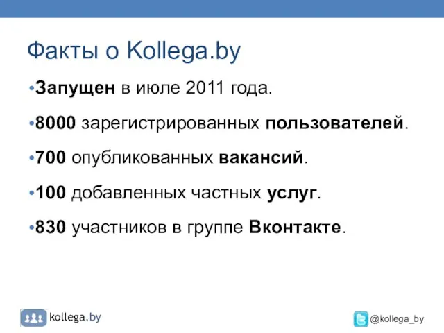 Факты о Kollega.by Запущен в июле 2011 года. 8000 зарегистрированных пользователей. 700