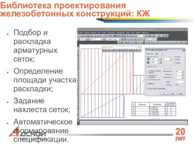 Подбор и раскладка арматурных сеток; Определение площади участка раскладки; Задание нахлеста сеток;