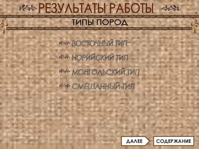 РЕЗУЛЬТАТЫ РАБОТЫ ТИПЫ ПОРОД ВОСТОЧНЫЙ ТИП НОРИЙСКИЙ ТИП МОНГОЛЬСКИЙ ТИП СМЕШАННЫЙ ТИП СОДЕРЖАНИЕ ДАЛЕЕ