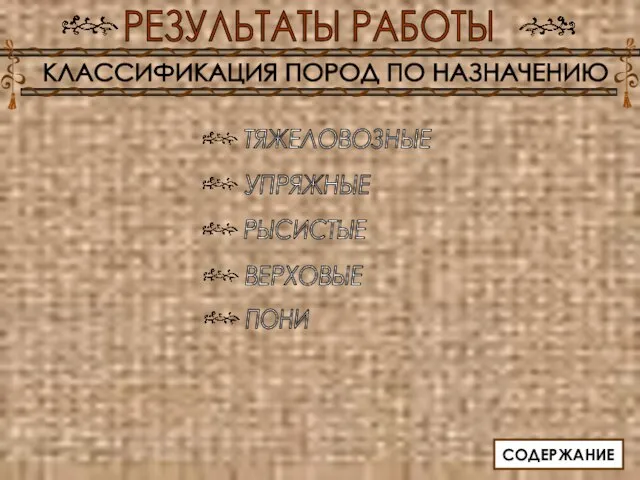 РЕЗУЛЬТАТЫ РАБОТЫ КЛАССИФИКАЦИЯ ПОРОД ПО НАЗНАЧЕНИЮ ТЯЖЕЛОВОЗНЫЕ УПРЯЖНЫЕ РЫСИСТЫЕ СОДЕРЖАНИЕ ПОНИ