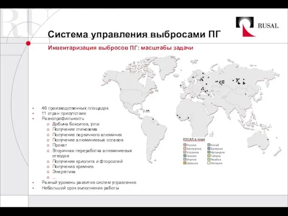 Система управления выбросами ПГ Инвентаризация выбросов ПГ: масштабы задачи 46 производственных площадок