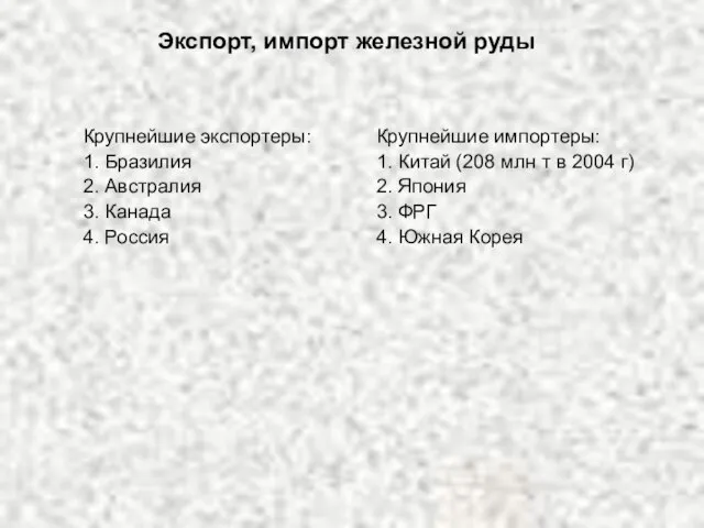 Экспорт, импорт железной руды Крупнейшие экспортеры: 1. Бразилия 2. Австралия 3. Канада