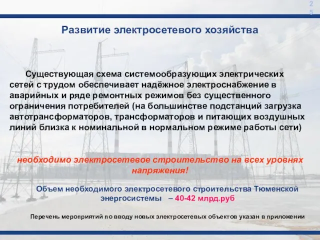 Развитие электросетевого хозяйства 25 необходимо электросетевое строительство на всех уровнях напряжения! Существующая