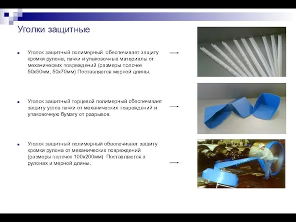 Уголки защитные Уголок защитный полимерный обеспечивает защиту кромки рулона, пачки и упаковочные