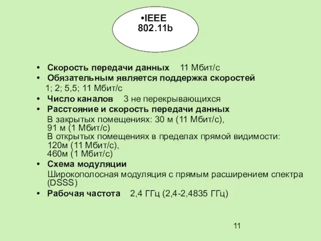 Скорость передачи данных 11 Мбит/с Обязательным является поддержка скоростей 1; 2; 5,5;