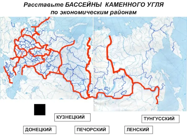 Расставьте БАССЕЙНЫ КАМЕННОГО УГЛЯ по экономическим районам ПЕЧОРСКИЙ ДОНЕЦКИЙ КУЗНЕЦКИЙ ЛЕНСКИЙ ТУНГУССКИЙ