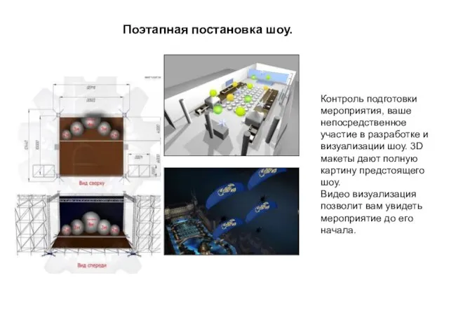 Контроль подготовки мероприятия, ваше непосредственное участие в разработке и визуализации шоу. 3D