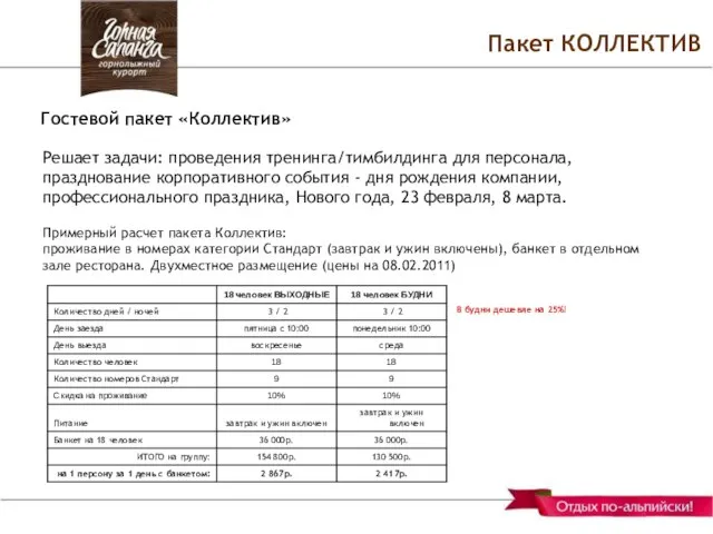 Пакет КОЛЛЕКТИВ Гостевой пакет «Коллектив» В будни дешевле на 25%! Решает задачи: