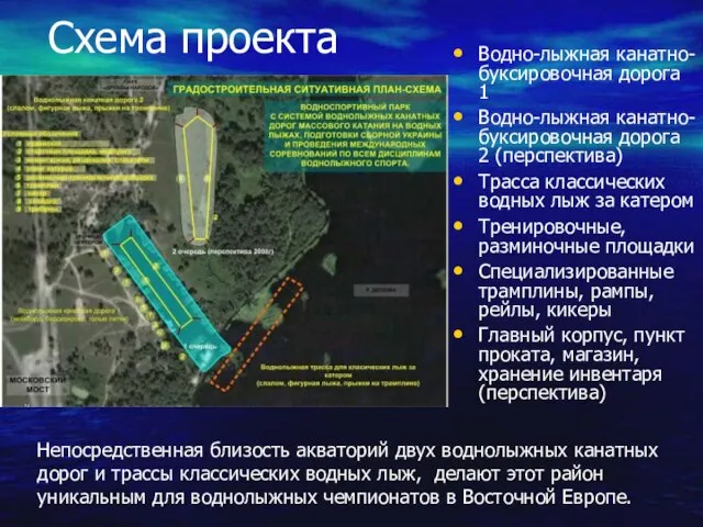 Непосредственная близость акваторий двух воднолыжных канатных дорог и трассы классических водных лыж,