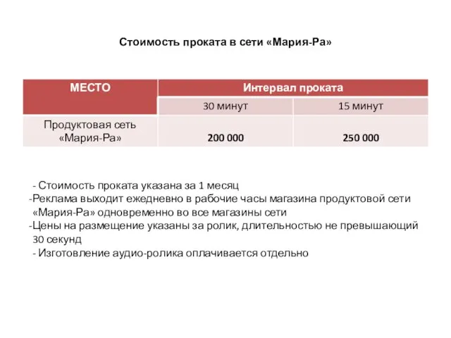 Стоимость проката в сети «Мария-Ра» - Стоимость проката указана за 1 месяц