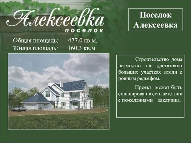 Поселок Алексеевка Общая площадь: 477,0 кв.м. Жилая площадь: 160,3 кв.м. Строительство дома