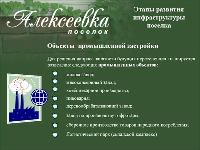 Этапы развития инфраструктуры поселка Объекты промышленной застройки Для решения вопроса занятости будущих