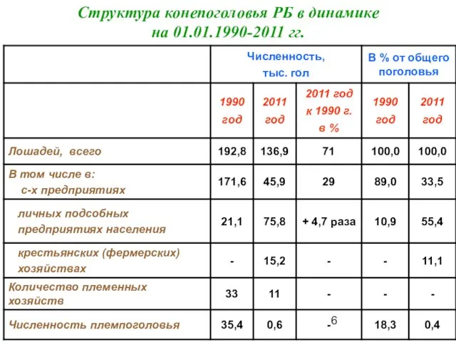 Структура конепоголовья РБ в динамике на 01.01.1990-2011 гг.