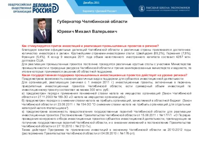 Барометр «Деловой России» Губернатор Челябинской области Юревич Михаил Валерьевич Как стимулируется приток