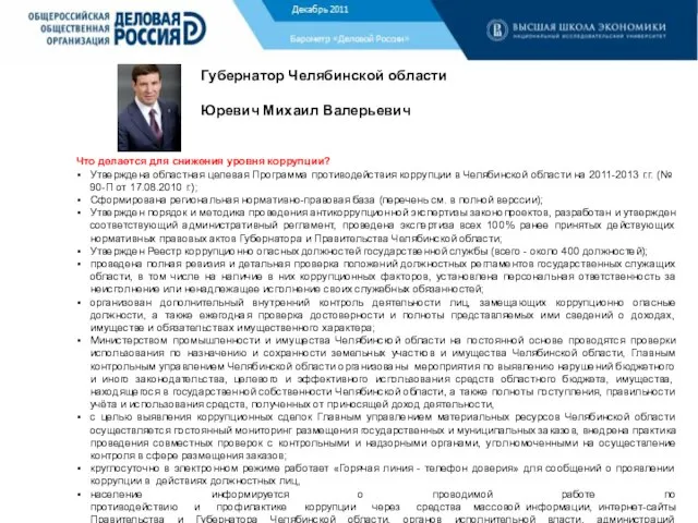 Барометр «Деловой России» Губернатор Челябинской области Юревич Михаил Валерьевич Что делается для