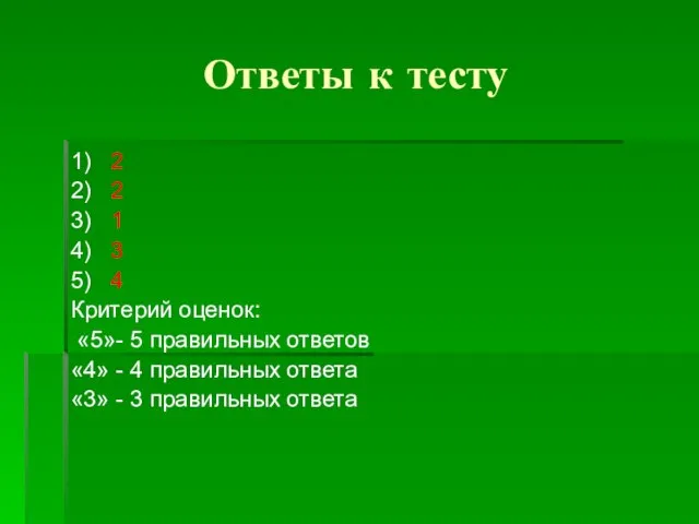 Ответы к тесту 1) 2 2) 2 3) 1 4) 3 5)