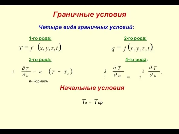 Граничные условия Четыре вида граничных условий: 1-го рода: 2-го рода: 3-го рода: