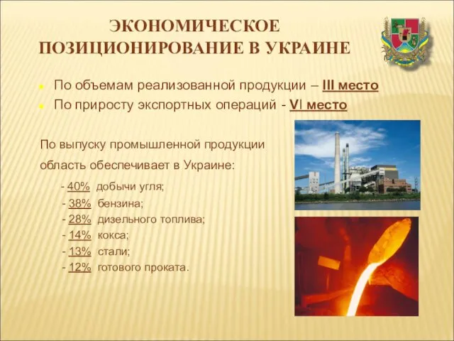 ЭКОНОМИЧЕСКОЕ ПОЗИЦИОНИРОВАНИЕ В УКРАИНЕ По объемам реализованной продукции – ІІІ место По