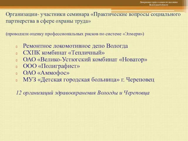 Ремонтное локомотивное депо Вологда СХПК комбинат «Тепличный» ОАО «Велико-Устюгский комбинат «Новатор» ООО