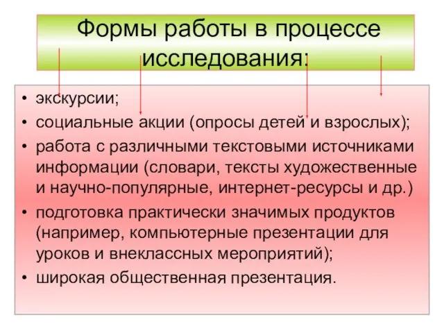 Формы работы в процессе исследования: экскурсии; социальные акции (опросы детей и взрослых);