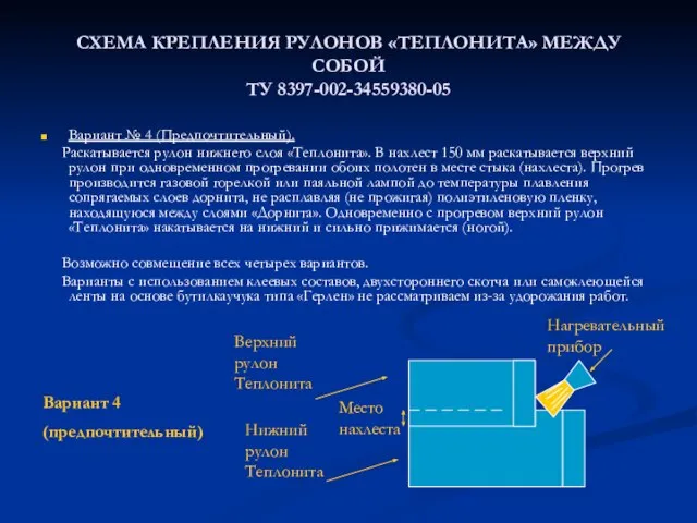 СХЕМА КРЕПЛЕНИЯ РУЛОНОВ «ТЕПЛОНИТА» МЕЖДУ СОБОЙ ТУ 8397-002-34559380-05 Вариант № 4 (Предпочтительный).