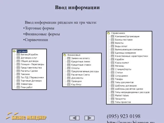 (095) 923 0198 http://www.bizman.ru sales@wilmark.ru Ввод информации разделен на три части: Торговые