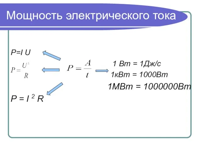 Мощность электрического тока P=I U 1 Вт = 1Дж/с 1кВт = 1000Вт