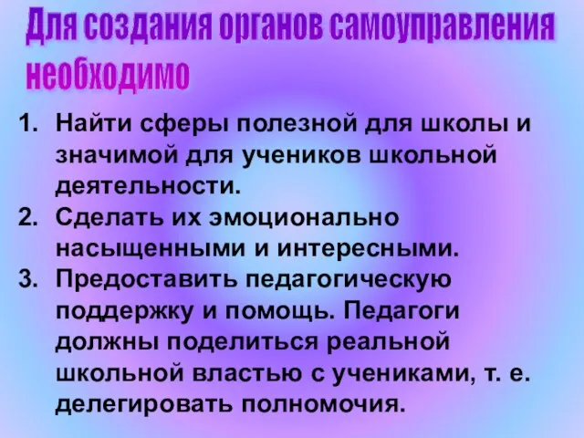 Для создания органов самоуправления необходимо Найти сферы полезной для школы и значимой