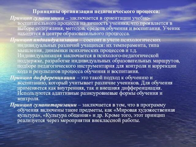 Принципы организации педагогического процесса: Принцип гуманизации – заключается в ориентации учебно-воспитательного процесса