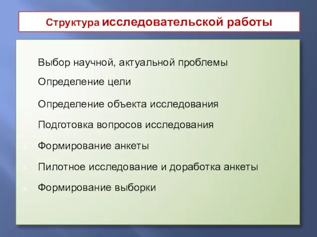 Структура исследовательской работы Выбор научной, актуальной проблемы Определение цели Определение объекта исследования