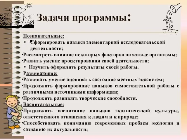 Задачи программы: Познавательные: Сформировать навыки элементарной исследовательской деятельности; Рассмотреть влияние некоторых факторов