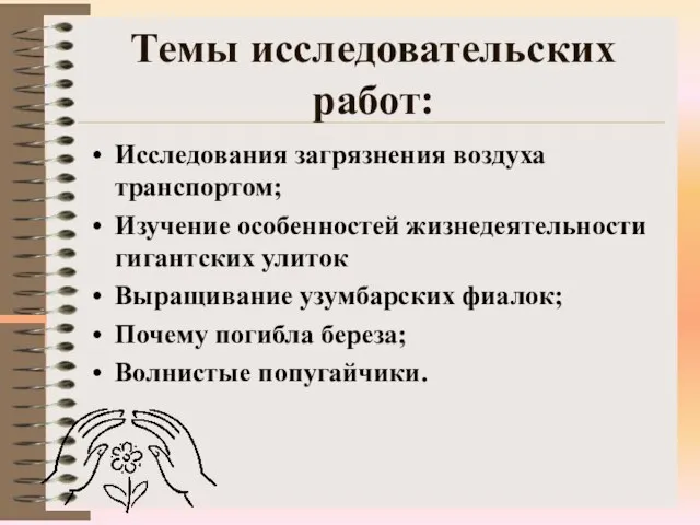 Темы исследовательских работ: Исследования загрязнения воздуха транспортом; Изучение особенностей жизнедеятельности гигантских улиток