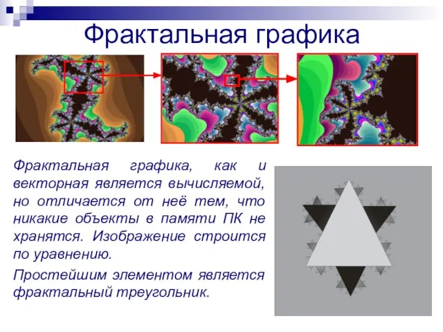 Фрактальная графика Фрактальная графика, как и векторная является вычисляемой, но отличается от