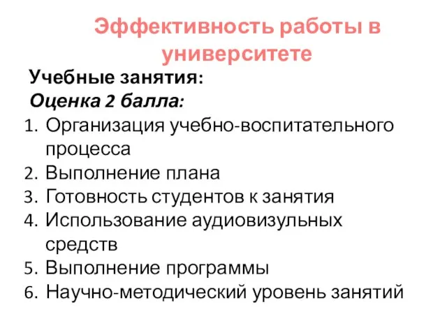 Эффективность работы в университете Учебные занятия: Оценка 2 балла: Организация учебно-воспитательного процесса