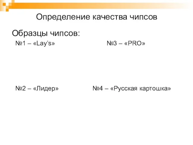 Определение качества чипсов Образцы чипсов: №1 – «Lay’s» №3 – «PRO» №2