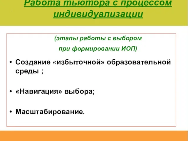 Создание «избыточной» образовательной среды ; «Навигация» выбора; Масштабирование. Работа тьютора с процессом