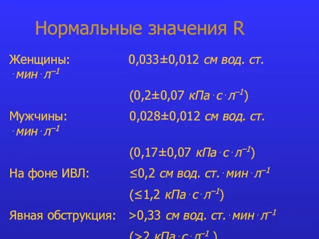 Нормальные значения R Женщины: 0,033±0,012 см вод. ст.⋅мин⋅л–1 (0,2±0,07 кПа⋅с⋅л–1) Мужчины: 0,028±0,012