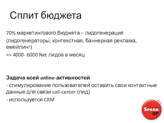 Сплит бюджета 70% маркетингового бюджета – лидогенерация (лидогенераторы, контекстная, баннерная реклама, емейлинг)