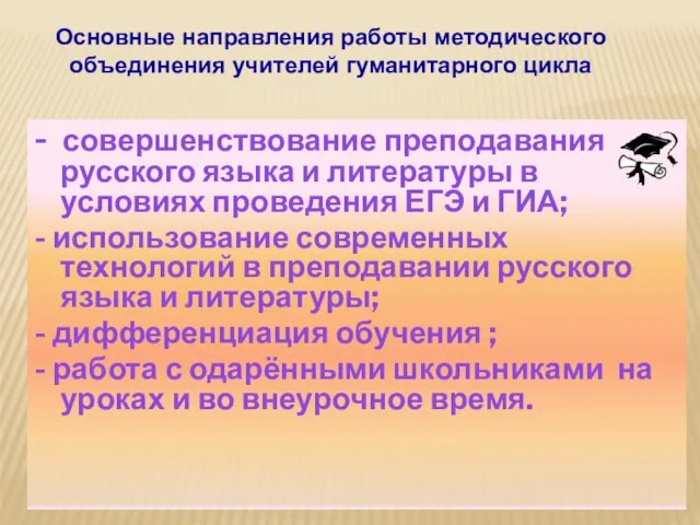 - совершенствование преподавания русского языка и литературы в условиях проведения ЕГЭ и