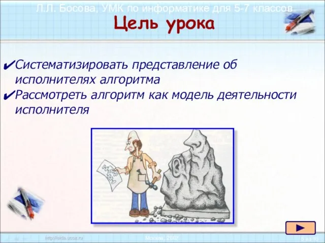 Цель урока Систематизировать представление об исполнителях алгоритма Рассмотреть алгоритм как модель деятельности исполнителя