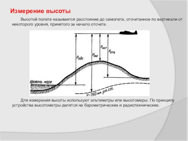 Измерение высоты Высотой полета называется расстояние до самолета, отсчитанное по вертикали от