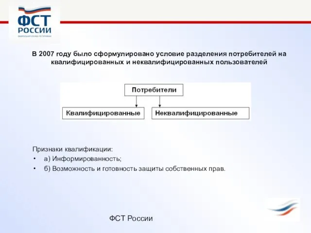 ФСТ России В 2007 году было сформулировано условие разделения потребителей на квалифицированных