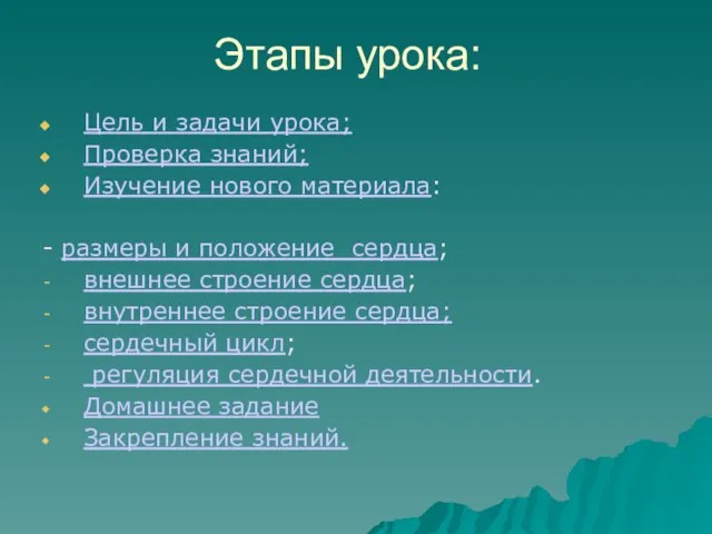 Этапы урока: Цель и задачи урока; Проверка знаний; Изучение нового материала: -