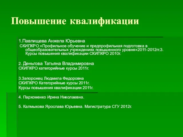 Повышение квалификации 1.Павлищева Анжела Юрьевна СКИПКРО «Профильное обучение и предпрофильная подготовка в