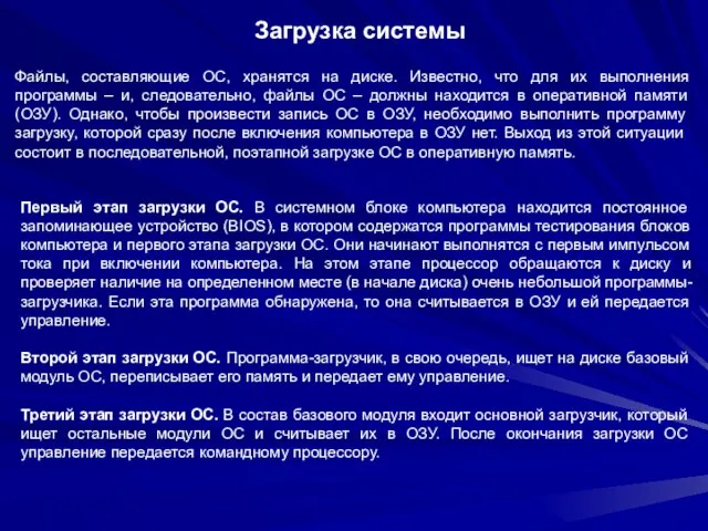 Загрузка системы Файлы, составляющие ОС, хранятся на диске. Известно, что для их