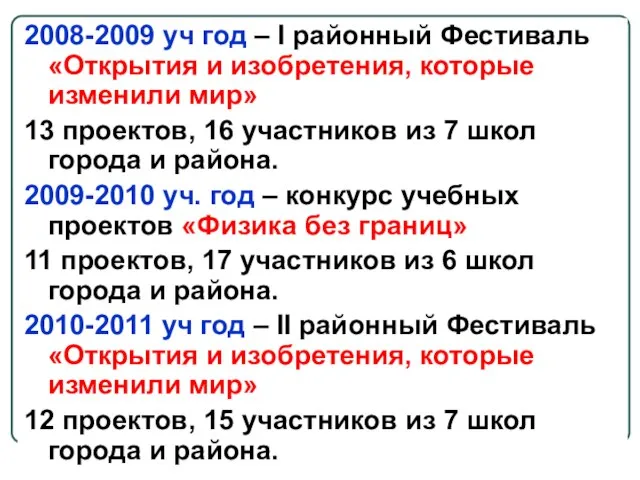 2008-2009 уч год – I районный Фестиваль «Открытия и изобретения, которые изменили